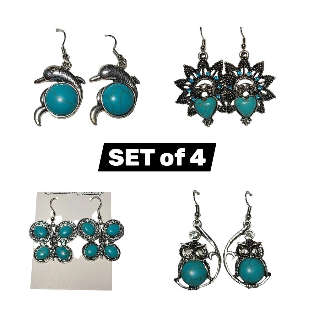 Silver Turquoise Stone Dangle Drop Fashion Earrings Set of 4 ~ NEW